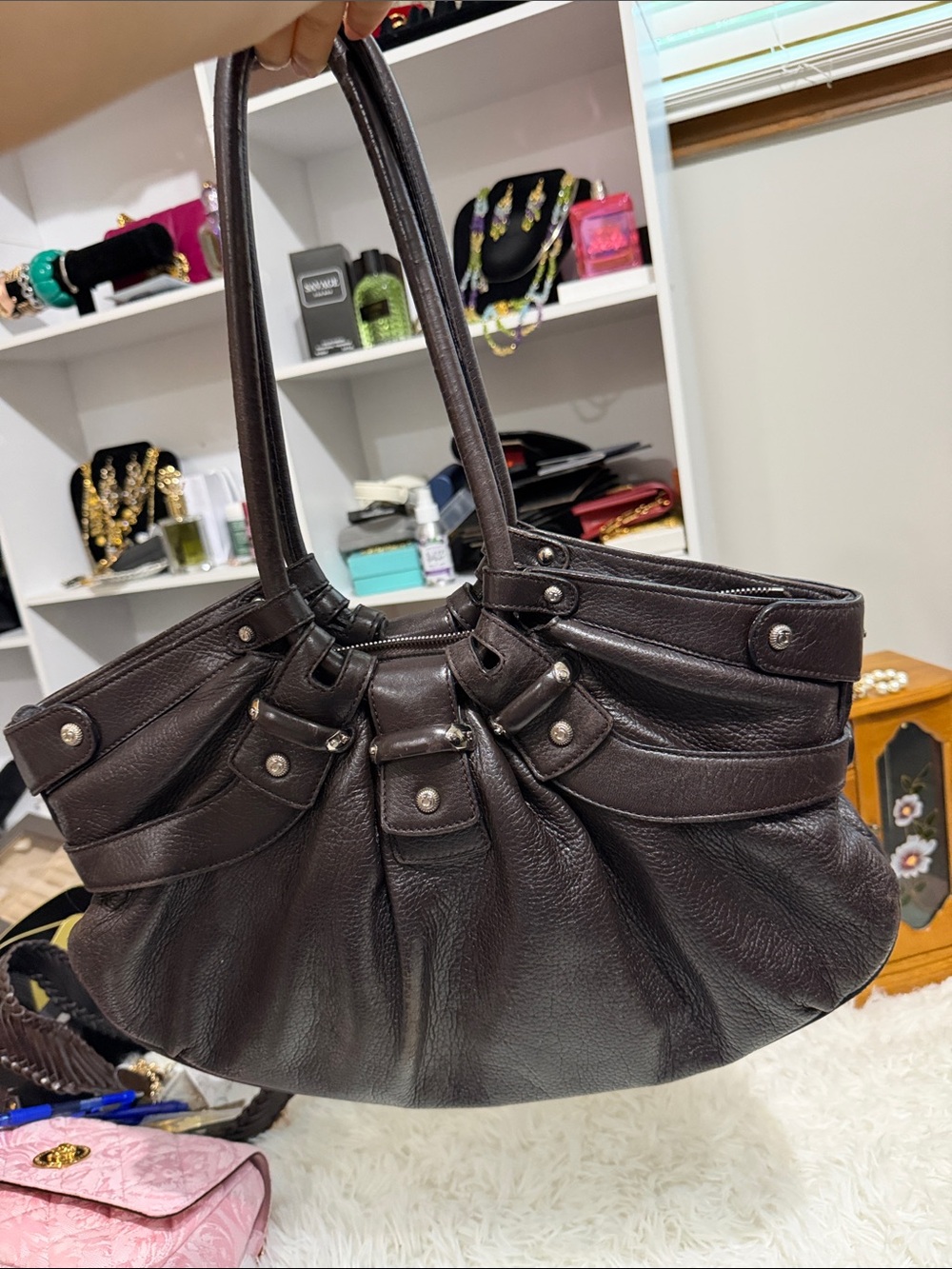 Salvatore Ferragamo Dark Brown Pebbled Leather Shoulder Bag - Picture 5 of 9